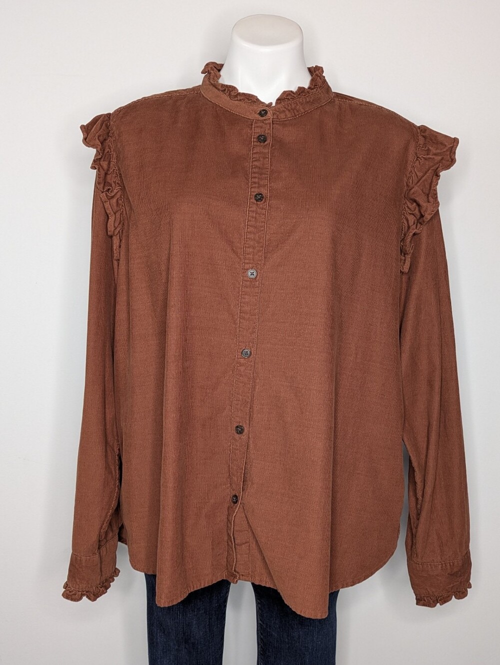 Gap Brown Corduroy Long Sleeve Ruffle Accent Cotton Blend Button Up Top XXL